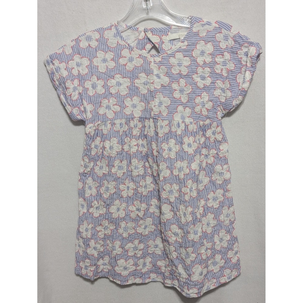 Zara Kids Floral Seersucker Dress Blue White Striped Keyhole Back Size 6 116cm